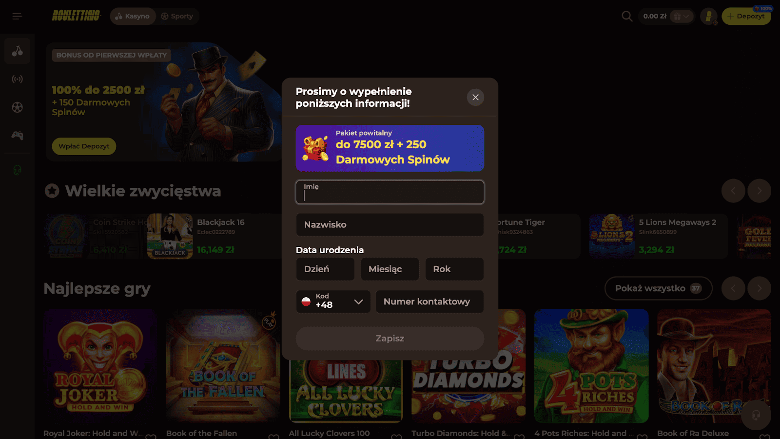 Uzupełnij resztę niezbędnych - Roulettino Casino