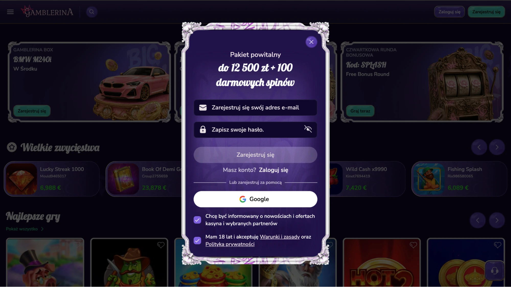Gamblerina rejestracja krok1