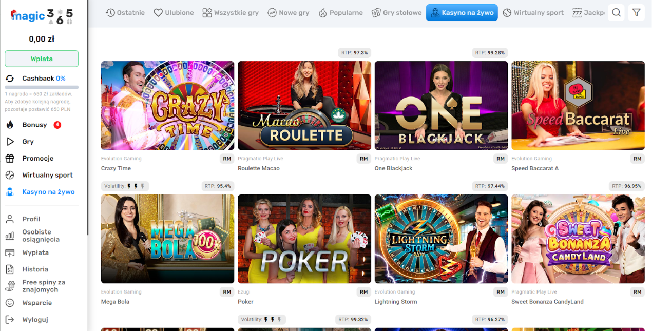 gry na żywo w Magic365 kasyno