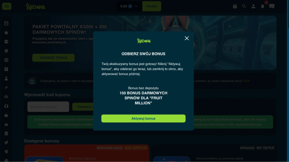 aktywacja stakemania no deposit bonus 150 darmowych spinow