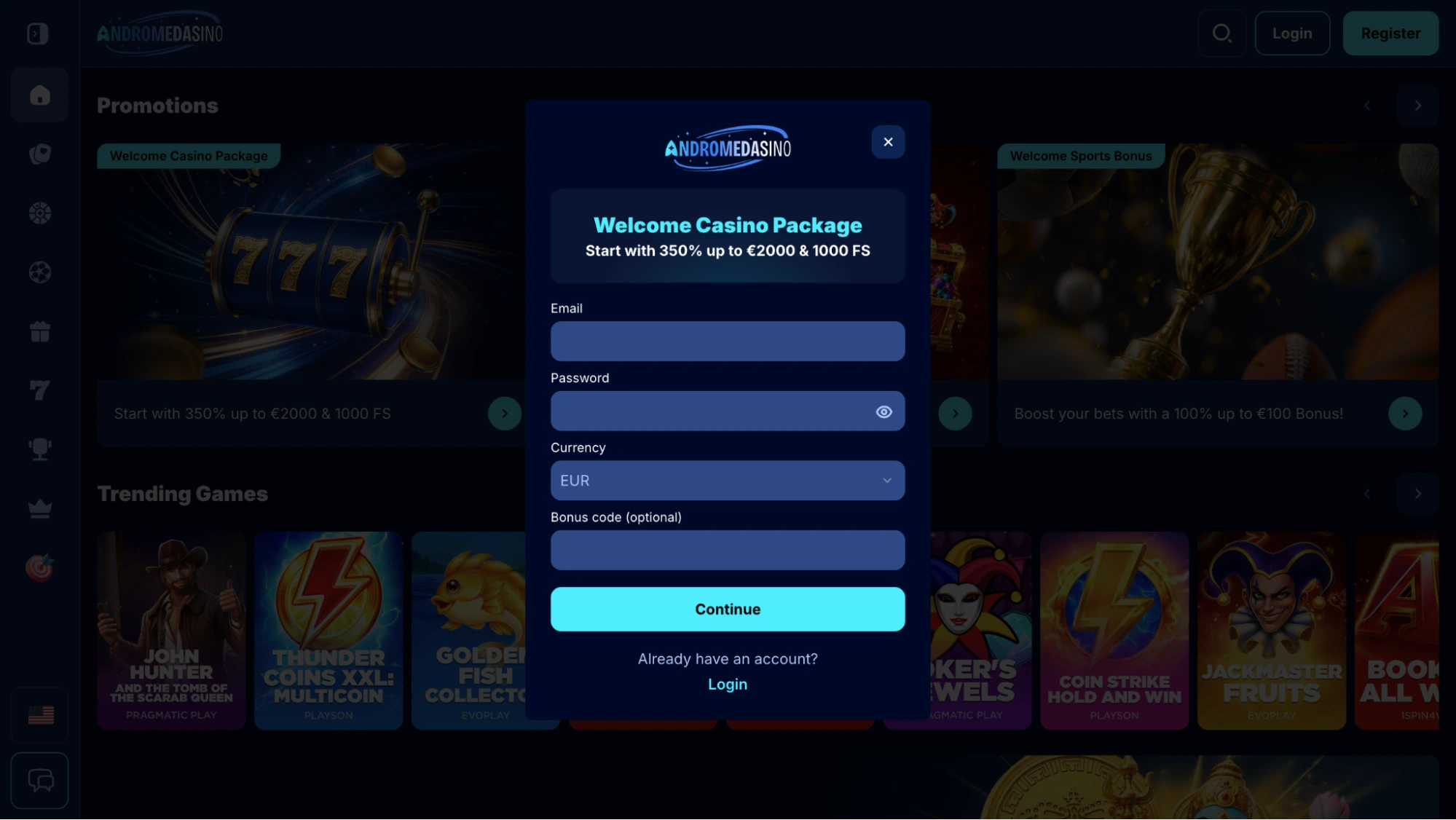 andromeda casino rejestracja krok1