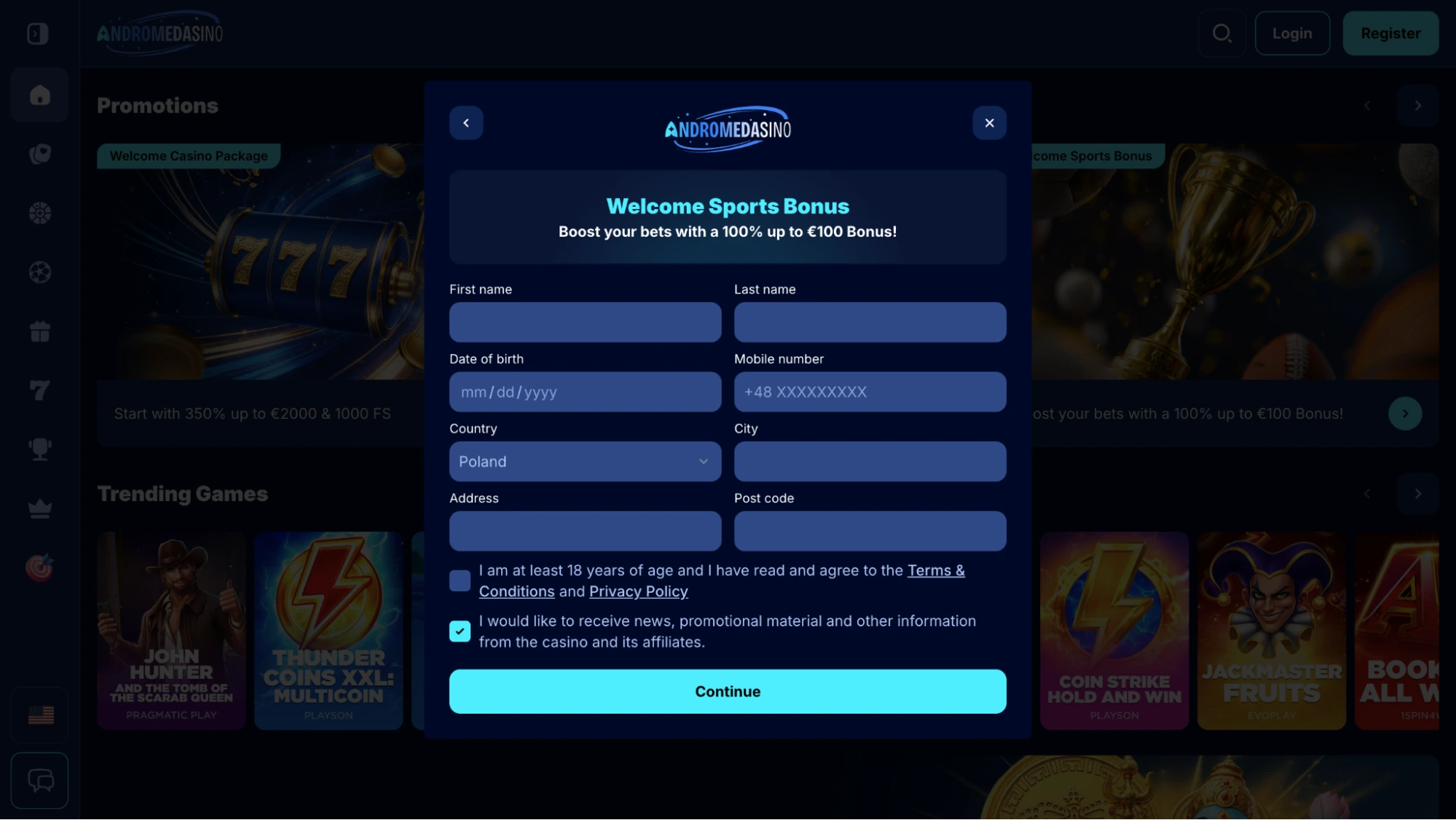 andromeda casino rejestracja krok2