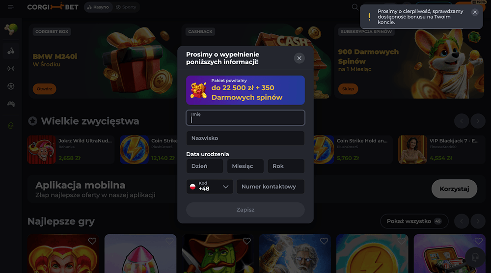 corgibet casino wypelnienie danych osobowych