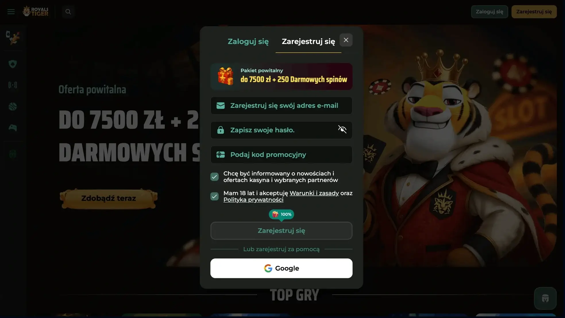 pole na adres e-mail i hasło w royalstiger casino