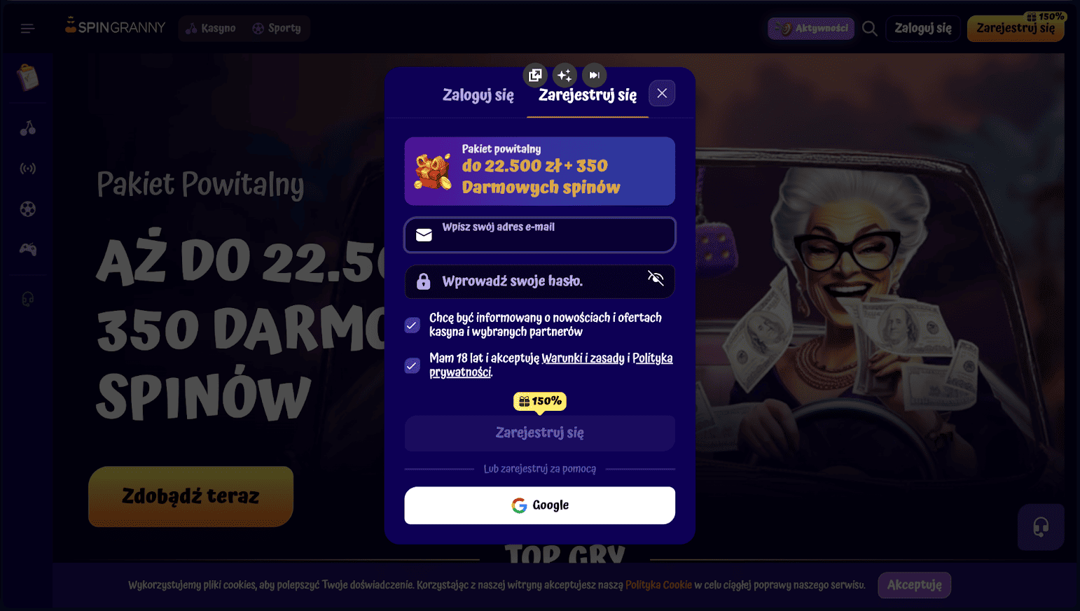 Wypełnij krótki formularz SpinGranny Casino