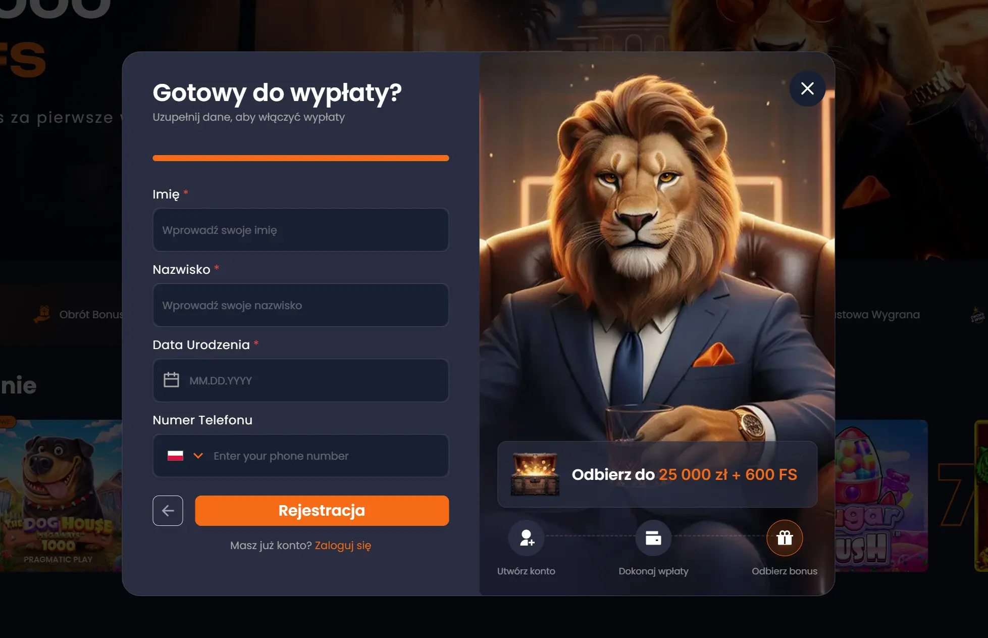 lucky lion casino rejestracja krok1