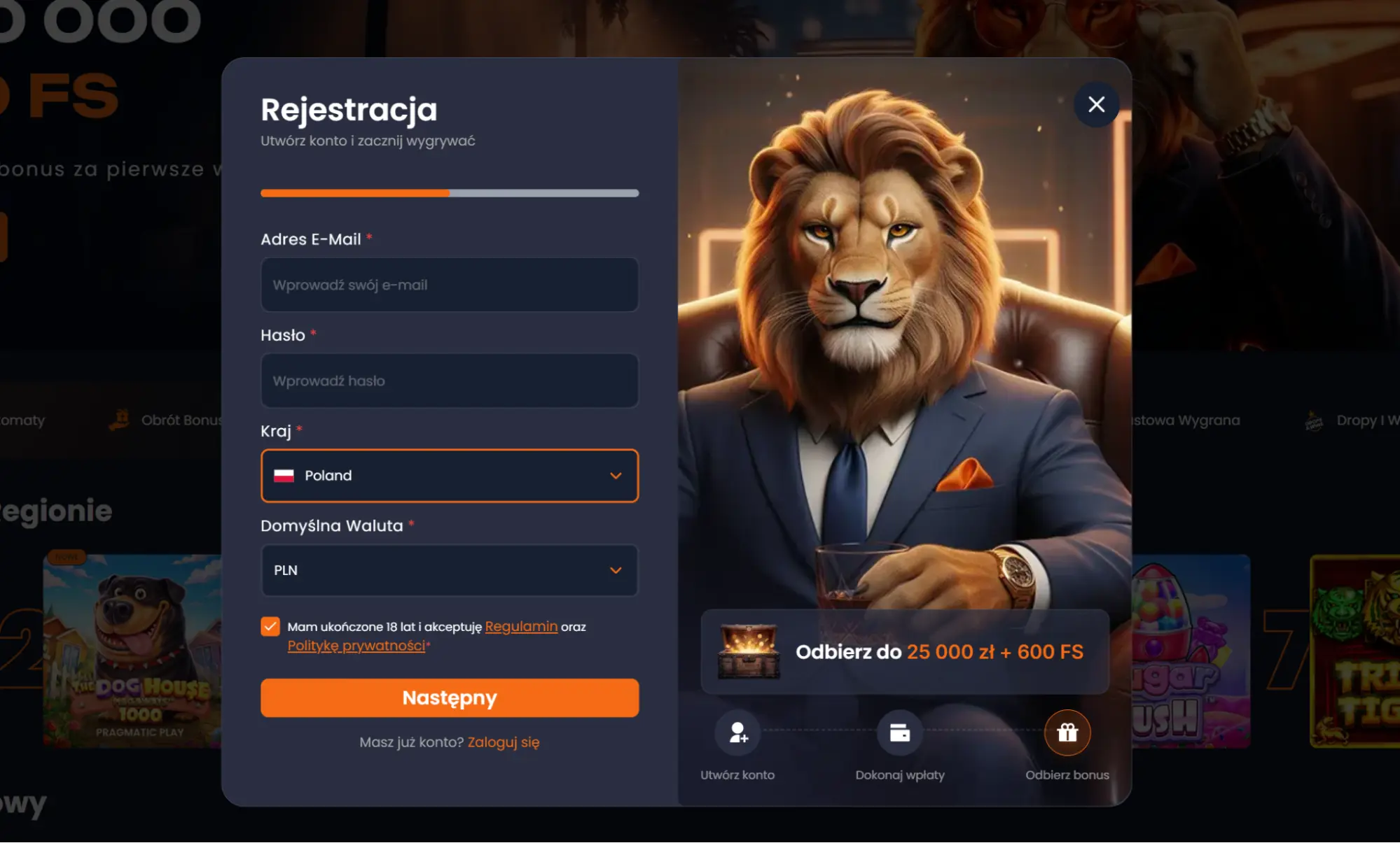 lucky lion casino rejestracja krok2