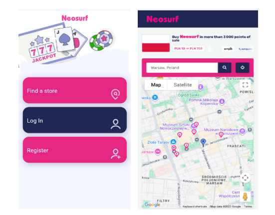 neosurf mapa z oznaczonymi punktami