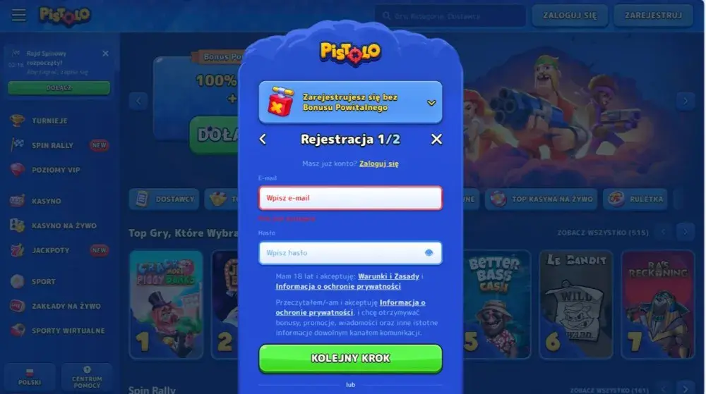 pistolo casino formularz rejestracyjny