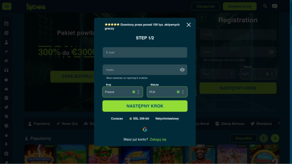 rejestracja stakemania casino krok 1