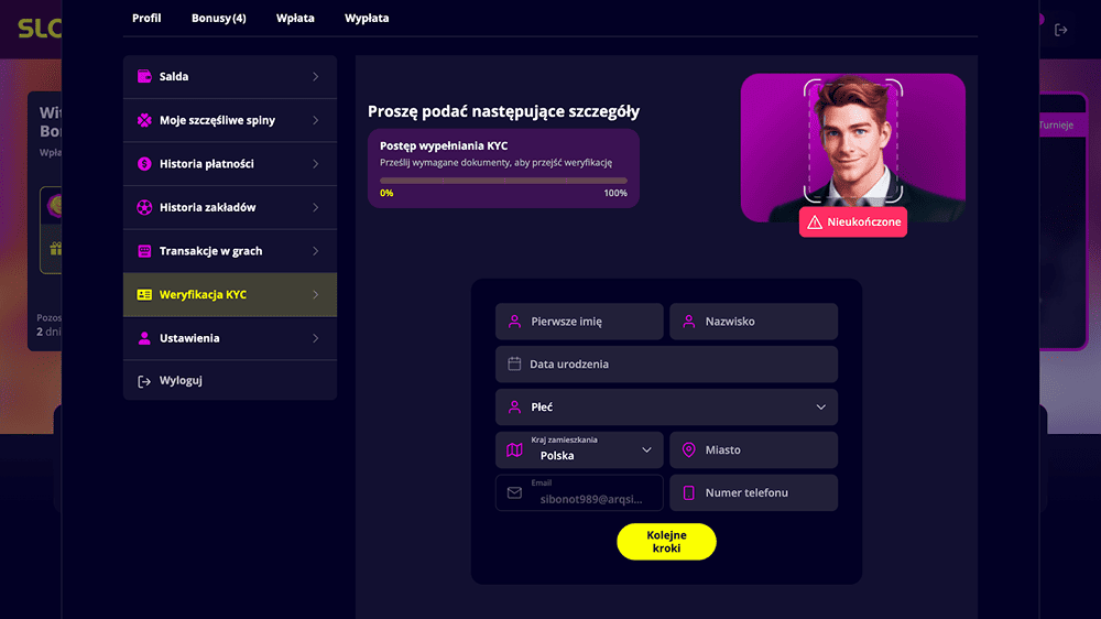 slotoro wypelnianie danych osobowych