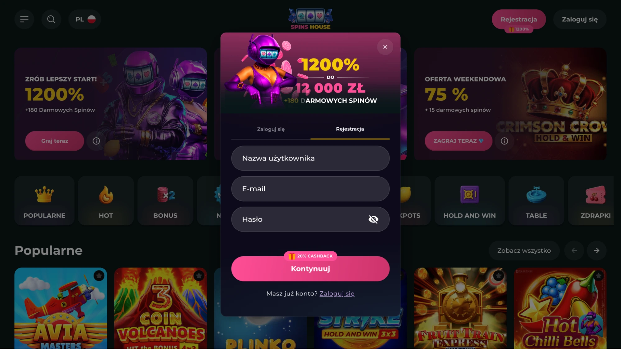 spins house casino rejestracja krok1