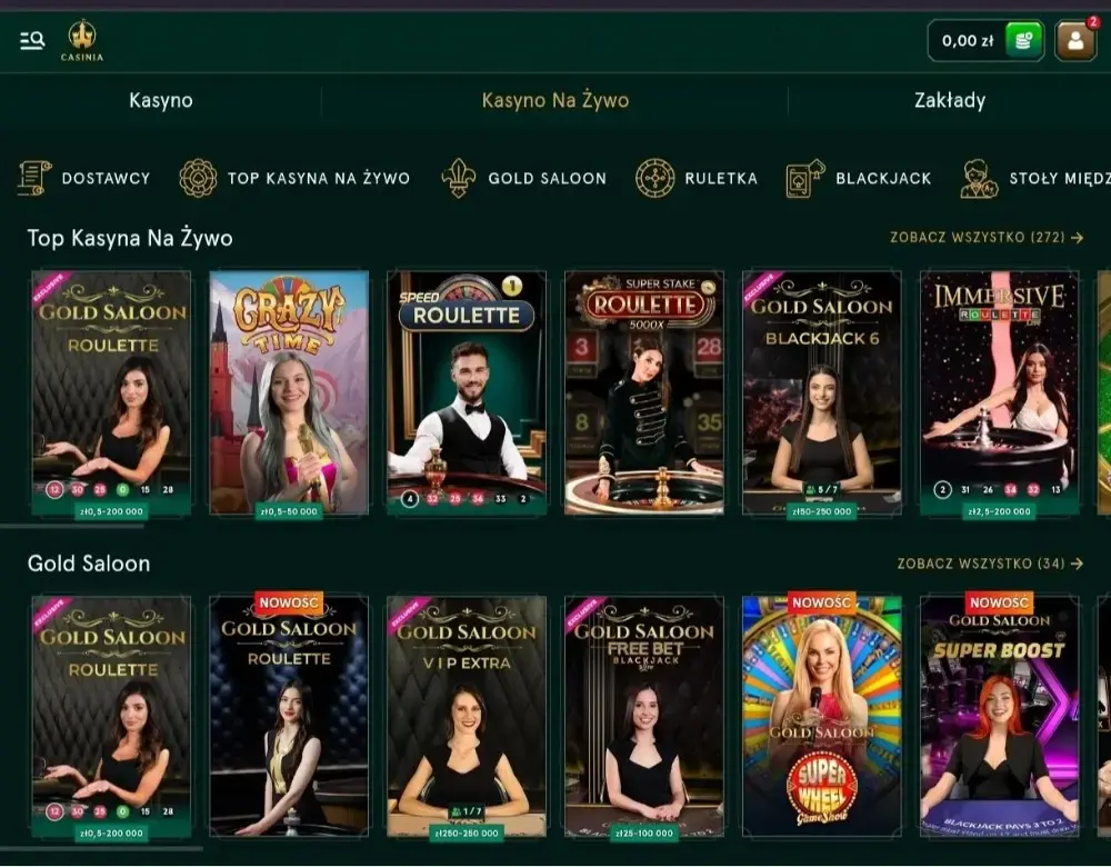 stoły live dostępne w casinia casino