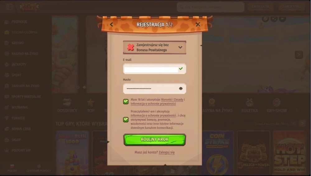 stone vegas casino rejestracja krok 1