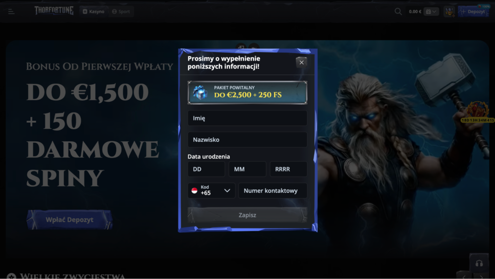 thor fortune bonus bez depozytu dane gracza